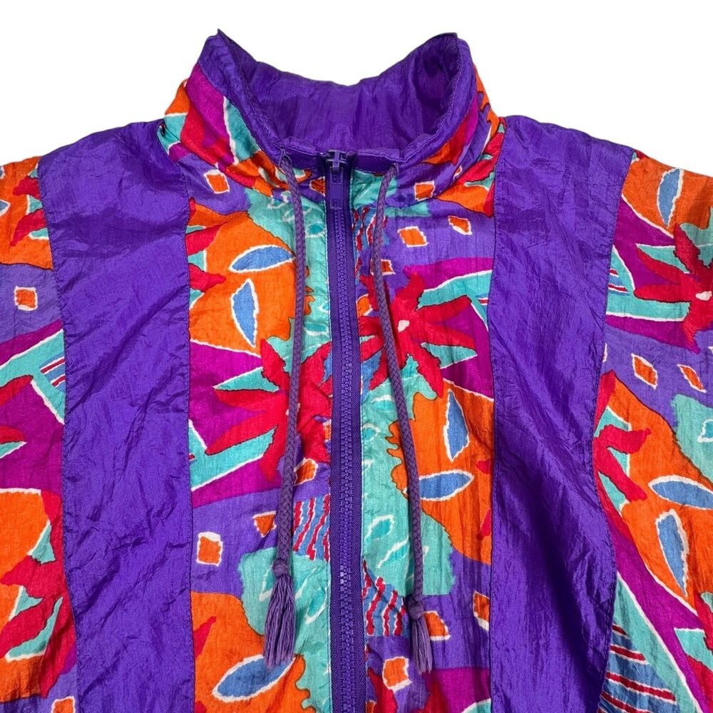 Vintage 80s Womens Track Jacket Medium Purple Colorful Windbreaker Floral Stripe - Picture 3 of 16